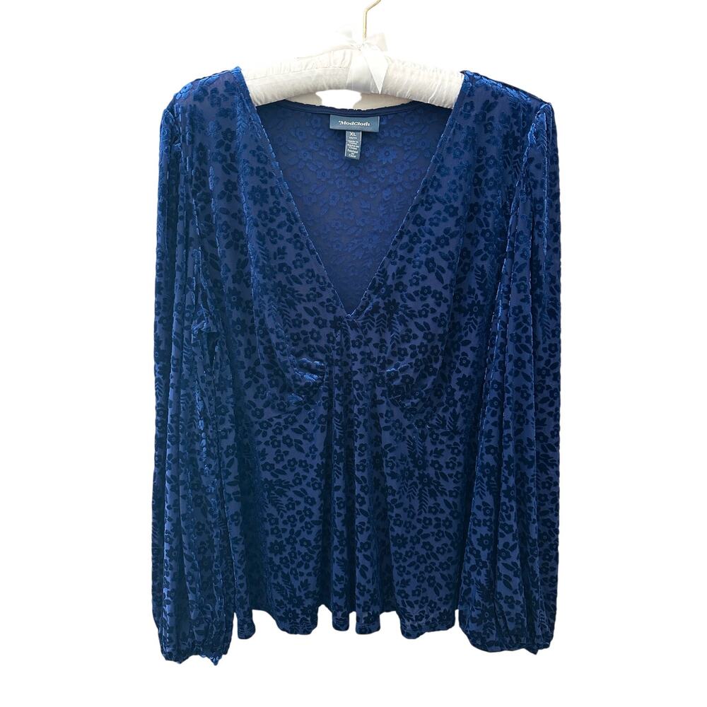 MODCLOTH Navy Blue Burnout Velvet Floral Peplum Top Romantic Fairycore XL